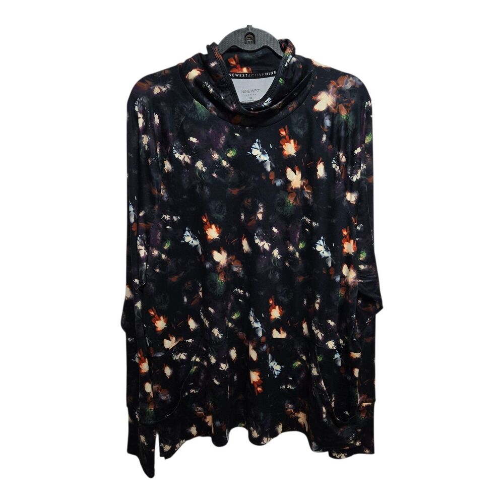 Nine West Activewear Top Black Multi Leaf Print Womens Size 2X NEW